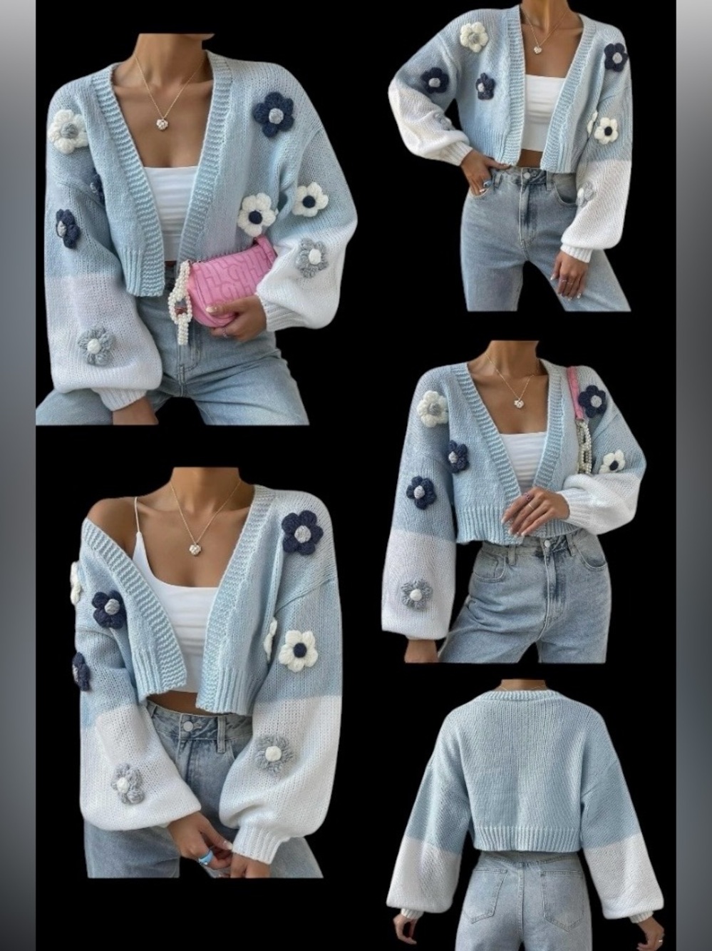 Light Blue Cropped Flower Appliqué Knit Cardigan Women Sweater